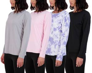 lot 30043 image: Real Essentials Womens Quick Dry Fit Tech Stretch Long Sleeve Athletic Workout Ladies T Shirt Tee Top Running UPF Sun Rash Guard Swim Gym Active Wear Crew Exercise Yoga Exercise, Set 2, S, Pack of 4
