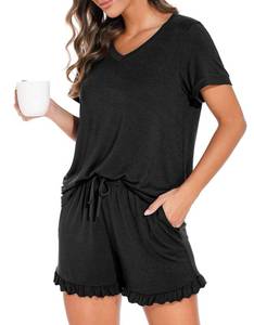 lot 30045 image: PrinStory Womens Pajamas Set Lounge Sets Short Sleeve Sleepwear Soft Pjs Shorts Set with Pockets Black L