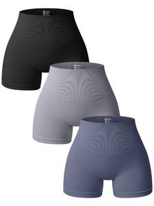 lot 30046 image: OQQ Women 3 Piece Yoga Shorts High Waist Seamless Workout Exercise Shorts Leggings Black Grey Grey Blue S