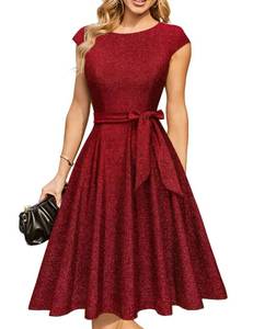 lot 30047 image: DRESSTELLS Cocktail Dresses for Women Wedding Guest 2024 Sparkly Homecoming Prom Party Dress, Sequin Aline Modest Mother of Bride Midi Dress Glitter Burgundy L