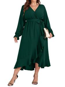 lot 30052 image: SCOMCHIC Women Plus Size Wedding Guest Maxi Dress Long Sleeve Wrap V Neck High Low Split Ruffle Cocktail Dress with Belt Emerald Green 2XL