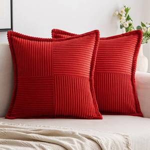 lot 30065 image: Woaboy Red Corduroy Pillow Covers 18x18 Inch Set of 2 Super Soft Boho Striped Couch Covers Broadside Splicing Decorative Textured Throw Pillows for Cushion Livingroom