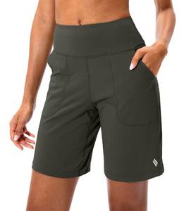 lot 30066 image: SANTINY Bermuda Shorts for Women with Zipper Pocket Womens High Waisted Long Shorts for Running Workout Athletic(Olive Green_XL)