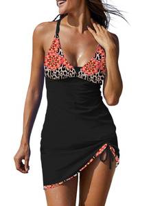 lot 30070 image: EVALESS One Piece Bathing Suits for Women Slimming Tummy Control Swimsuits Fashion Deep V Neck Print Drawstring Swimdress Swimwear Red X Large
