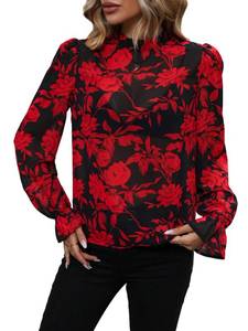 lot 30072 image: Floerns Womens Leopard Print Long Sleeve Frill Trim Mock Neck Blouse Tops Red Black Floral XL