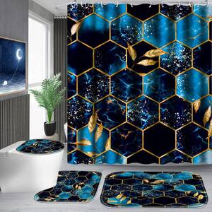 lot 30074 image: Poedist 4 Pcs Bathroom Shower Curtain Set,Bathroom Sets with Rugs(Bath Mat,U Shape and Toilet Lid Cover Mat) and 12 Hooks,Sky Blue Honeycomb Marble