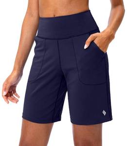 lot 30080 image: SANTINY Bermuda Shorts for Women with Zipper Pocket Womens High Waisted Long Shorts for Running Workout Athletic(Navy_XL)