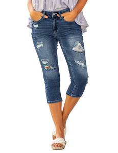 lot 30085 image: luvamia Jean Capris for Women Casual Summer High Waist Capri Pants Ripped Skinny Jean Stretchy Denim Capri Jeans Cobalt Night Blue Size X Large Fits Size 16 to Size 18