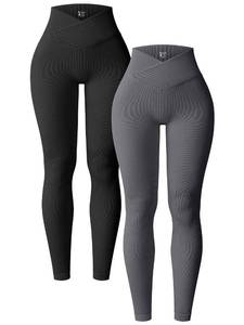 lot 30097 image: OQQ Womens 2 Piece Yoga Leggings Ribbed Seamless Workout High Waist Cross Over Athletic Exercise Leggings Black Darkgrey L