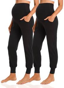 lot 30105 image: V VOCNI Womens Maternity Pants Maternity Activewear Jogger Track Cuff Sweatpants Over The Belly Stretchy Pregnancy Pants Black&Black,Medium