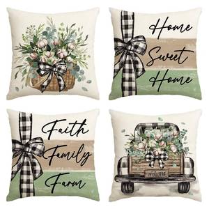 lot 30108 image: AVOIN colorlife Home Sweet Home Farmhouse Eucalyptus Leaves Throw Pillow Covers, 18 x 18 Inch Truck Stripes Buffalo Plaid Cushion Case Decorations Set of 4