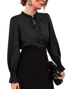 lot 30114 image: Rooscier Womens Frill Mock Neck Shirred Tied Ruffle Long Sleeve Elegant Blouse Black Medium