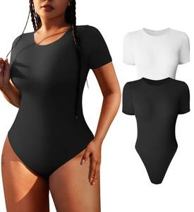 lot 30118 image: HYZ Womens Summer Two Piece Bodysuit Short Sleeve Round Neck Thong Second Skin Unitard Bodysuit Tops Black White S