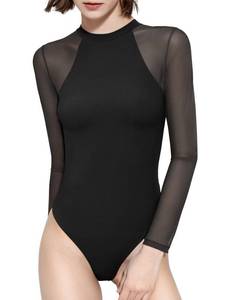 lot 30119 image: PUMIEY Long Sleeve Bodysuits for Women Mesh Body suits Sheer Crew Neck Sexy Tops, Jet black, Small