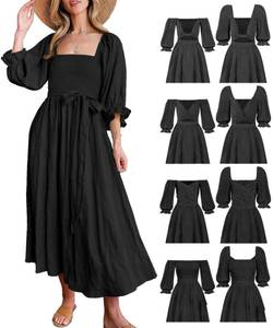 lot 30137 image: Vacation Dresses for Women   Flowy Smocked Puff Sleeve Summer Dress, Wedding Guest Reversible Dress, Boho Convertible Casual Dress Orange L
