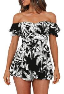 lot 30148 image: Fixmatti Womens Tropical Playsuit Off Shoulder Jumpsuit High Waist Shorts One Piece Romper Black and White L