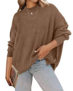 lot 30152 image: ZESICA Womens 2024 Fall Casual Long Sleeve Crew Neck Side Slit Oversized Ribbed Knit Pullover Sweater Tops,Coffee,Small