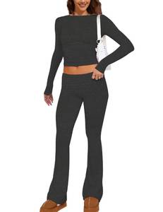 lot 30161 image: Soamat Womens 2 Piece Matching Set Lightweight Lounge Sets Long Sleeve Cropped Top Fold over Flare Pants Y2K Clothes Pink M