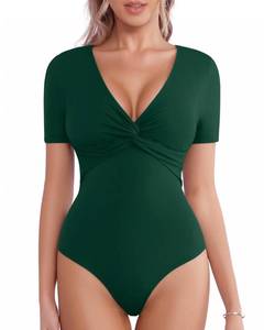 lot 30168 image: MANGOPOP Womens Sexy Twist Front Deep V Neck Short Sleeve Bodysuit L