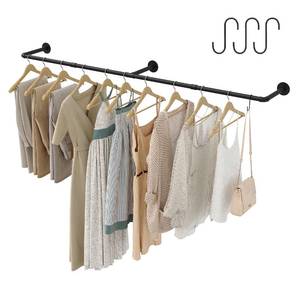 lot 30173 image: Crehomfy Industrial Pipe Clothes Rack with 3 Hooks, 72�L Wall Mounted Garment Rack, Heavy Duty Iron Garment Bar, Clothes Hanging Rod Bar for Laundry Room, Max Load 135Lb Black (3 Base)