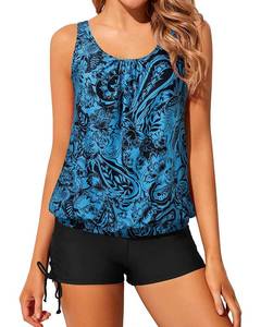 lot 30176 image: Yonique Blouson Tankini Swimsuits for Women Two Piece Bathing Suits Tops with Boyshorts Modest Loose Fit Swimwear Black and Blue Paisley L