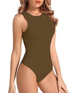 lot 30178 image: BSXIJIE Women�s Sleeveless Bodysuit Halter Neck Sexy Tank Tops Crew Neck Basic Top Slim Fit Bodysuit Jumpsuit XJ1031 Brown S