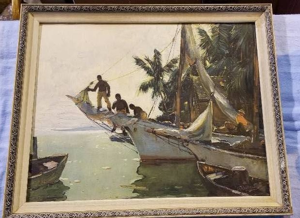 lot 3955 image: Carribean Ship Lithograph 28 x 34