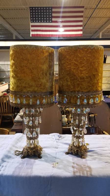 lot 3936 image: Pair of 1970s Lamps 3 Tall 56Round Missing a Few Crystals