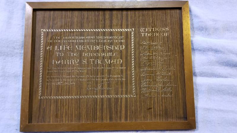 lot 3943 image: Harry Truman Lifetime Membership Award To Rockwood Country Club Plaque 13 38  x 17 38