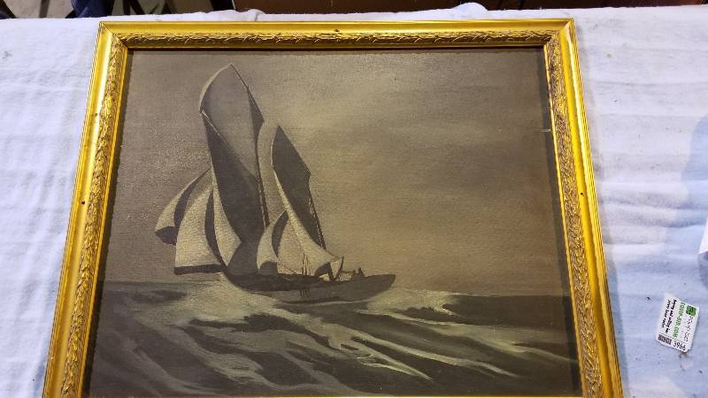 lot 3966 image: Sail Boat Painting on Canvas Artist Unknown 28 x 35 Picture Will Need Light Cleaning