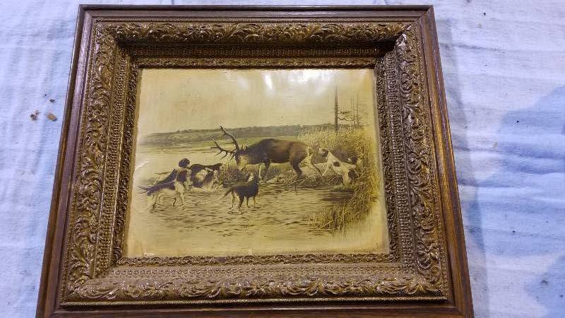 lot 3973 image: Elk Print With Wood Frame 25 x 29