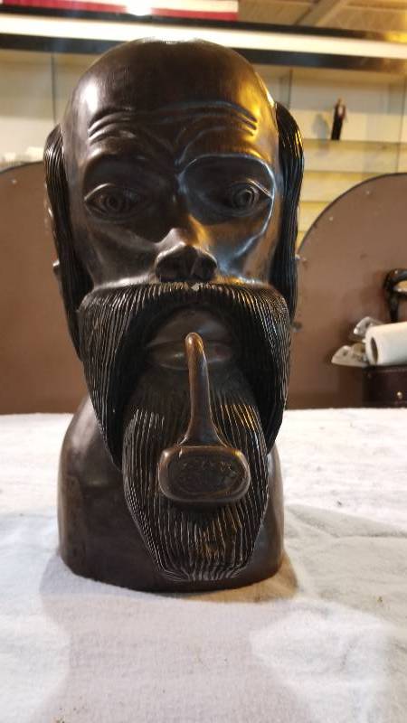 lot 3991 image: Dark Wood Carving of Man Smoking Pipe 18 Tall x 12 Wide By Robert Taylor 11291982