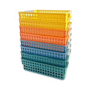 lot 21737 image: SIP TRUST - 8PCS Plastic Storage Baskets with Handles, Pantry Organizer Bins, Book Storage Tray for Organizing, Stackable Storage Bins, Paper Baskets for Classroom Organization Library Office Kitchen