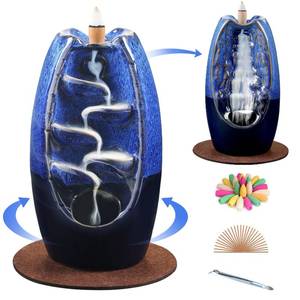 lot 21754 image: SPACEKEEPER Ceramic Backflow Incense Holder Incense Burner Waterfall 2 Sides, Incense Fountain with 120 Incense Cones & 30 Incense Stick, Aromatherapy Ornament Home Decor, Navy