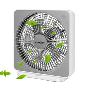 lot 21756 image: SONBION Box Fan, Three Speeds Window Table Cooling Fan 10 Inch DC Desk Fan with Plug-In AC Adapter, Strong Wind,Quiet Operation Work Fan for Home Bedroom Office Desk Outdoor Travel