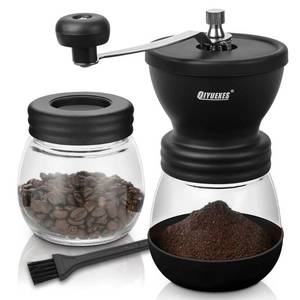 lot 21761 image: QIYUEXES Manual Coffee Grinder with Burr, Coffee Bean Grinder for Espresso, French Press, Cold Brew, Includes 2 Glass Jars (11oz Each) and Brush, Hand coffee Grinder for Home, Camping, Travel