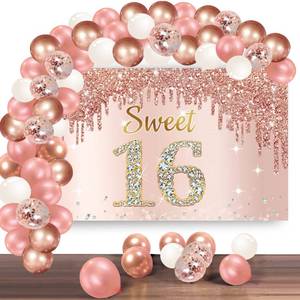lot 21774 image: Rose Gold Sweet 16th Birthday Banner Backdrop with Confetti Balloon Garland Arch, Happy 16 Birthday Banner Balloon Set for Girls, Pink Sixteen Bday Poster Photo Booth Decor