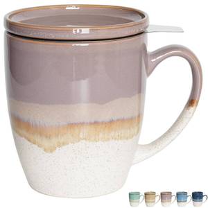 lot 21781 image: Bosmarlin Ceramic Tea Cup with Infuser and Lid, 16 Oz, 5 Colors to Choose, Dishwasher and Microwave Safe, Reactive Glaze, Steeping Tea Mug with Strainer (Purple)