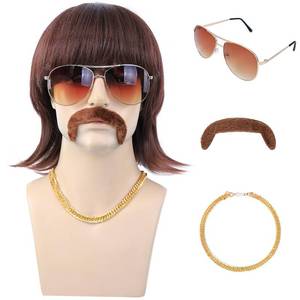 lot 21794 image: morvally 5pcs Set 70s 80s Disco Wig with Mustache Glasses and Chain  Short Brown Mens Mullet Wig for 60s Singer Rocker Hippies Costume Cosplay Halloween Party