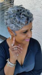 lot 21795 image: MUJGOO Synthetic Pixie Cut Wigs - Short Curly Gray Wigs for Women Layered Pixie Hairstyle African American Womens Cosplay Short Wigs (Pixie Grey) - Retail $5588.44