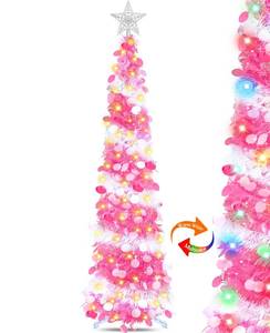 lot 21836 image: Dual Color Change & Timer - 5FT Slim Christmas Tree, Pop Up Christmas Tree with 50 Warm White & Colored Lights 8 Mode Star Ornament Battery Operated Collapsible Tinsel Christmas Tree Home Indoor Party