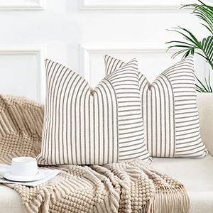 lot 21860 image: Farmhouse Pillow Covers 18x18, Modern Accent Square Throw Pillow Covers Set of 2, Gray and Beige Striped Patchwork Linen Decorative Pillows Cushion Covers for Couch Chair Bedroom Fall Decorations