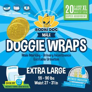 lot 21862 image: Bodhi Dog Disposable Male Dog Diapers  Super Absorbent Leak-Proof Fit  Premium Adjustable Male Dog Pee Wraps with Moisture Control & Wetness Indicator  20 Count Extra Large Size