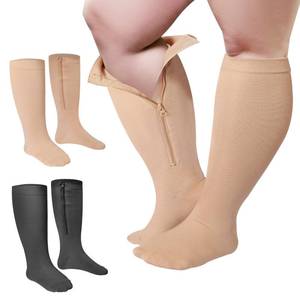 lot 21875 image: 2 Pair Wide Plus Size Calf Compression Socks with Zipper for Overweight Women Men 15 to 25 MmHg (Black, Beige, 4X-Large)