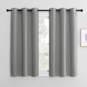lot 21898 image: NICETOWN Silver Grey Thermal Insulated Grommet Blackout Curtains, Kids Window Drape Panel for Nursery, Privacy Short Curtains (2 Panels, W42 x L48 -Inch)