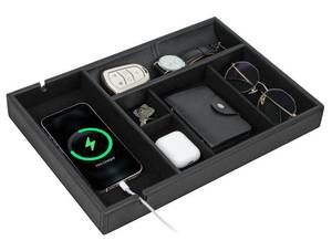 lot 21918 image: HofferRuffer Faux Leather Valet Tray for Gift,Nightstand Organizer Decorative Dresser Tray Box with Phone Charging Station Organizer Holder, Storage Catchall Tray for Men and Women (Brown Organizer)