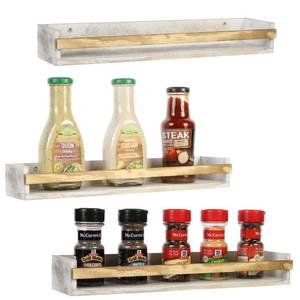 lot 21920 image: MyGift Set of 3 Whitewashed Wood Wall Mounted Spice Rack Floating Display Shelf, Farmhouse Kitchen Condiment Jar Organizer Hanging Storage Shelves