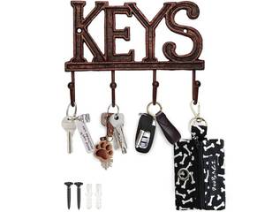 lot 21934 image: Key Holder for Wall - Cast Iron Decorative Farmhouse Rustic Wall Mount Key Organizer - 4 Key Hooks - Vintage Key Rack for Entryway with Screws and Anchors �� 6x8�� - Copper with Black