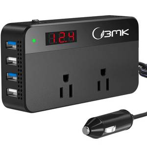 lot 21936 image: BMK 200W Car Power Inverter DC 12V to 110V AC Car Inverter 4 USB Ports Charger Adapter Car Plug Converter with Switch and Current LCD Screen