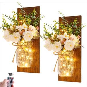 lot 21943 image: Rustic Wall Sconces Mason Jar Sconces Handmade Wall Art Hanging Design with Remote Control LED Fairy Lights and White Peony,Christmas Decor Gift Farmhouse Wall Home Decor Living Room Lights Set of Two